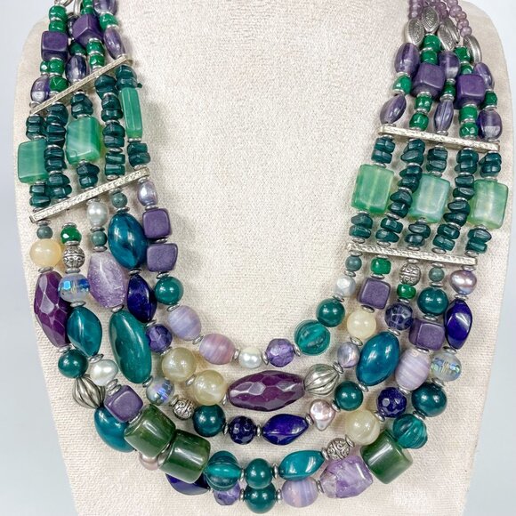 Chicos Multistrand Green Purple Teal Necklace Bracelet Chunky Statement Mermaid - Picture 2 of 7